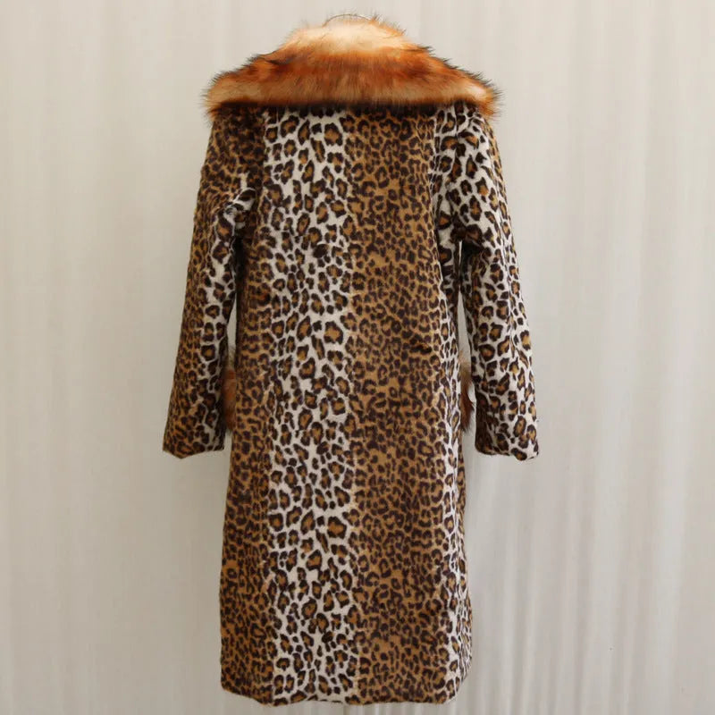 Women's long leopard print artificial fur jacket with regular sleeves, shown in street fashion style.