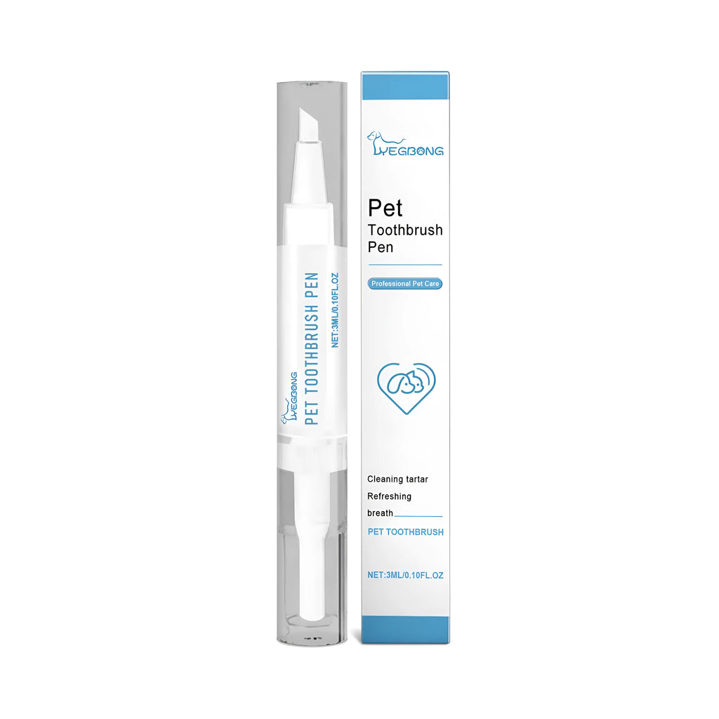 Pet dental care kit showing 1.1cm wide interdental brush and 3ml gel applicator for cat and dog teeth cleaning