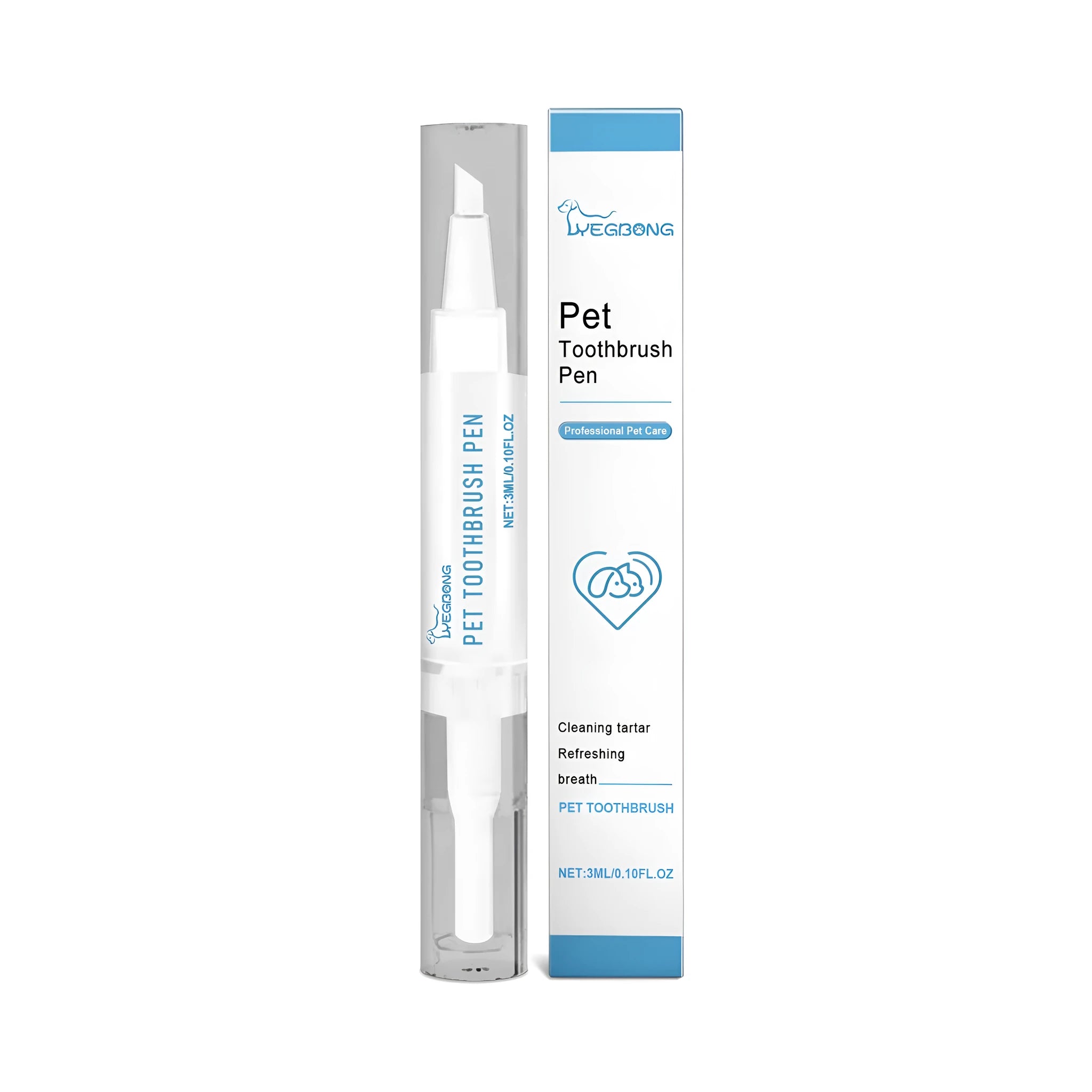 Pet dental care kit showing 1.1cm wide interdental brush and 3ml gel applicator for cat and dog teeth cleaning