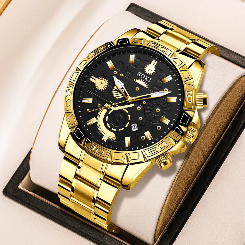 Men's gold business calendar quartz watch with stainless steel strap and buckle