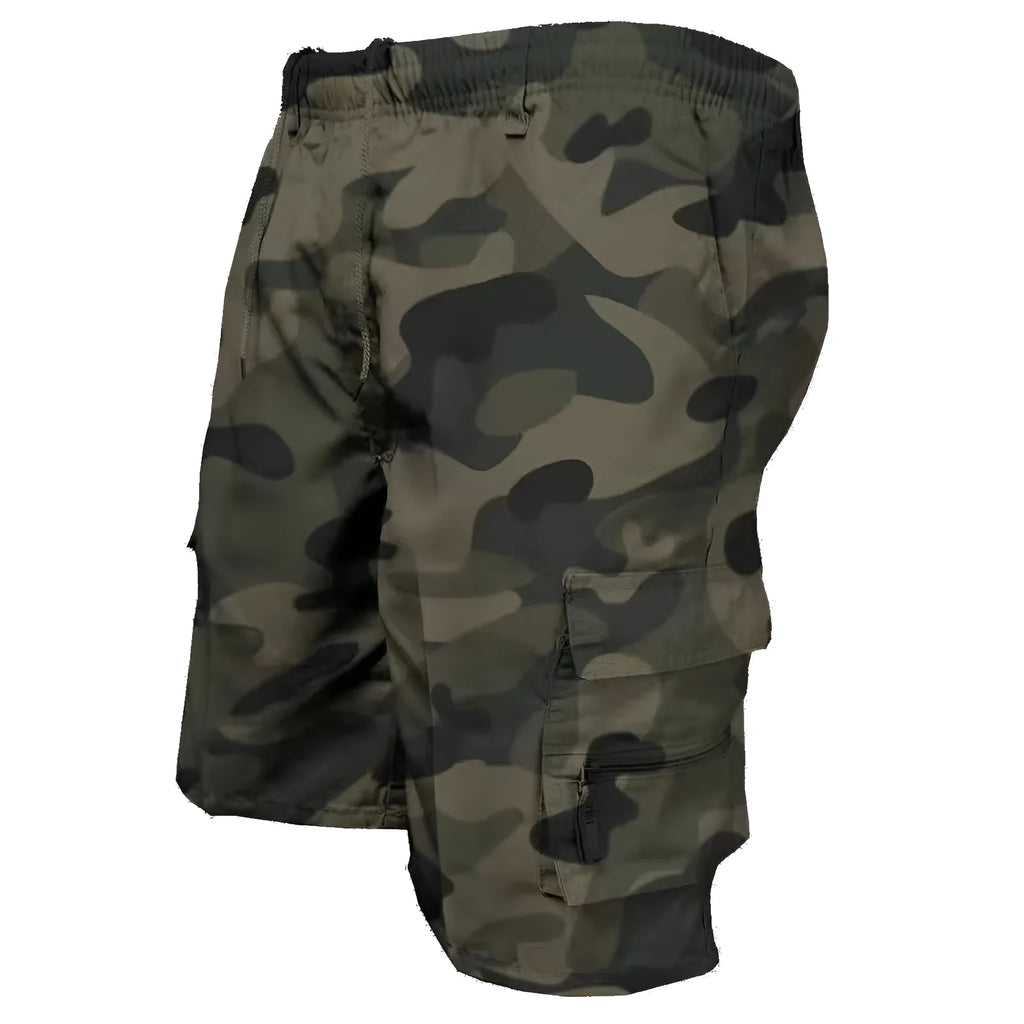 Man wearing khaki loose-fit cotton shorts with a drawstring waist and multiple pockets.