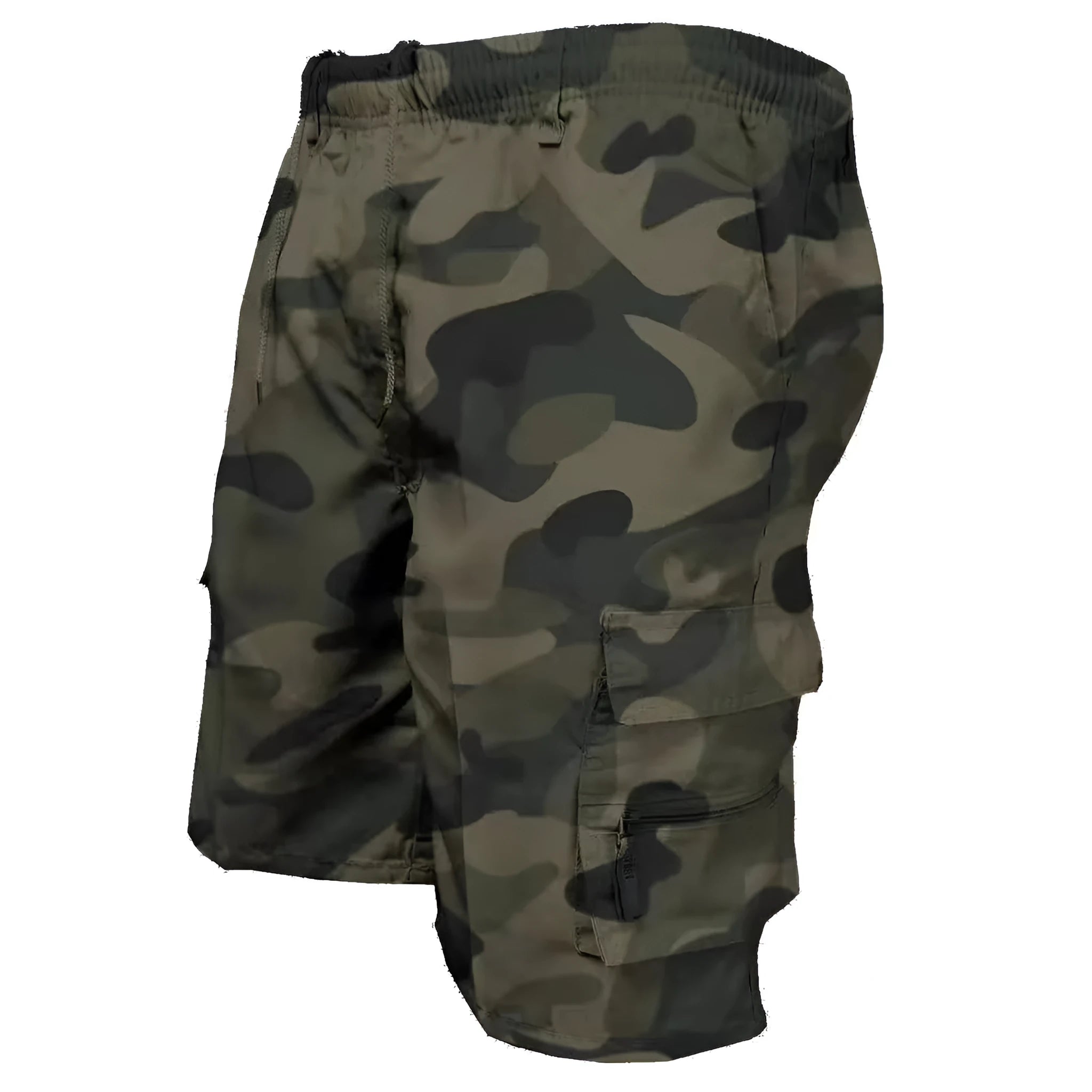 Man wearing khaki loose-fit cotton shorts with a drawstring waist and multiple pockets.