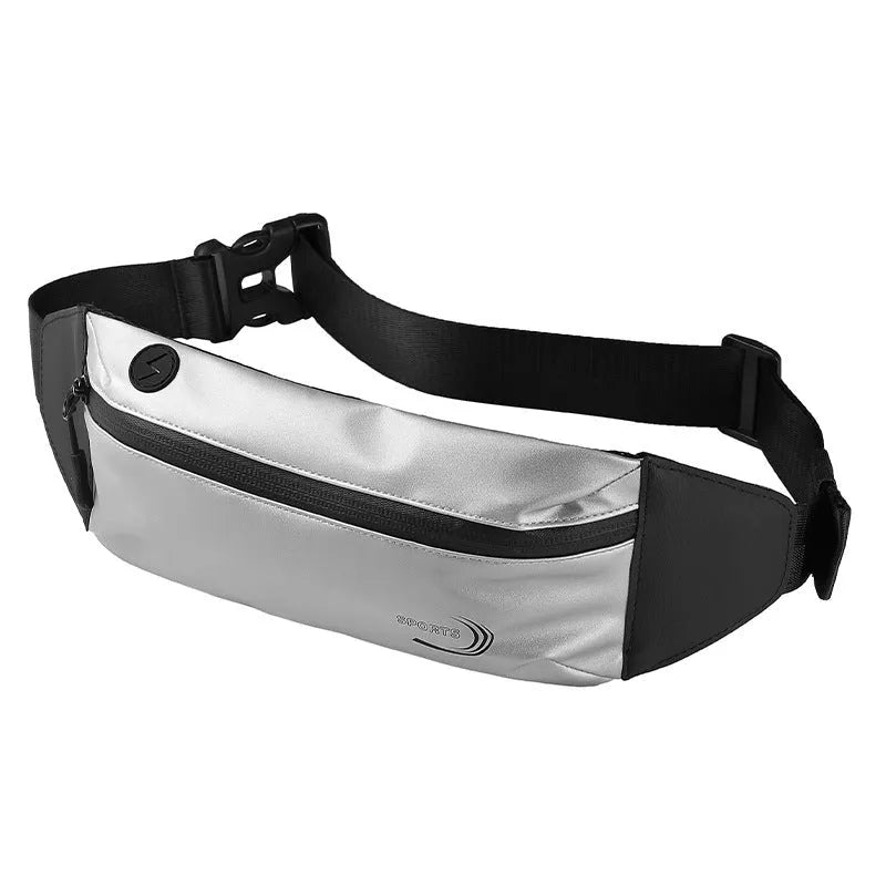 Men's black waterproof sports waist bag with adjustable strap, shown with dimensions 45cm by 10cm.