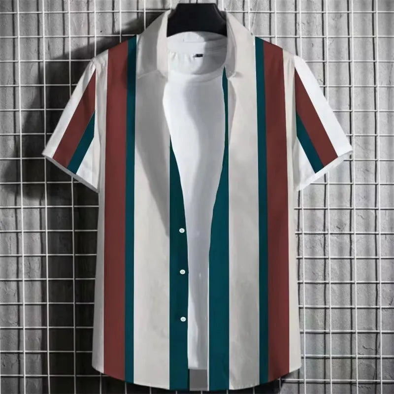 Men's striped linen T-shirt with 3D printing design, short sleeves, multiple colour options