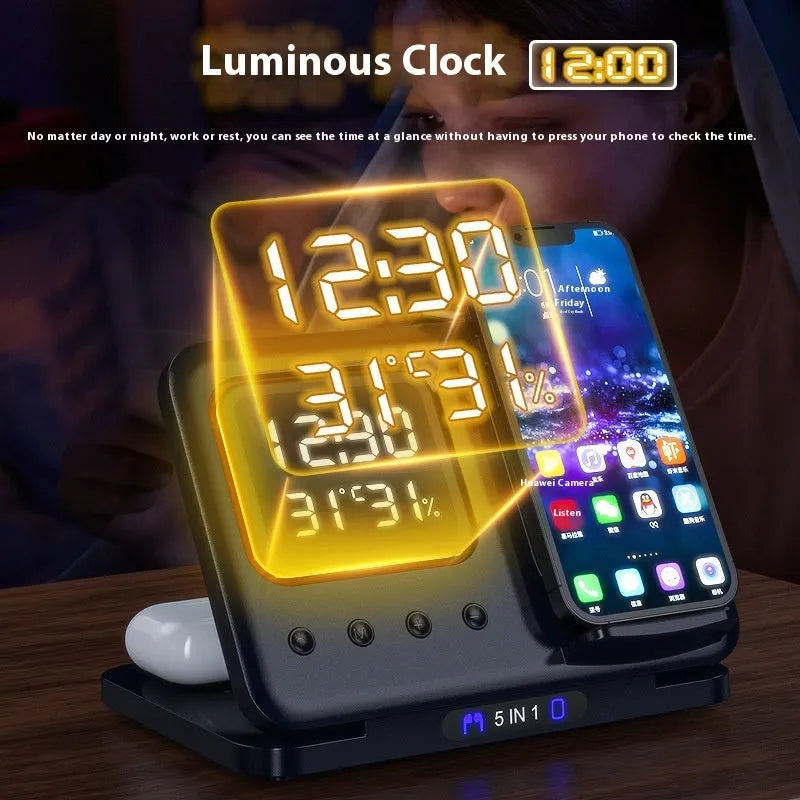 Black and white 5-in-1 wireless charging station with phone, watch and headphone docks, LED clock display