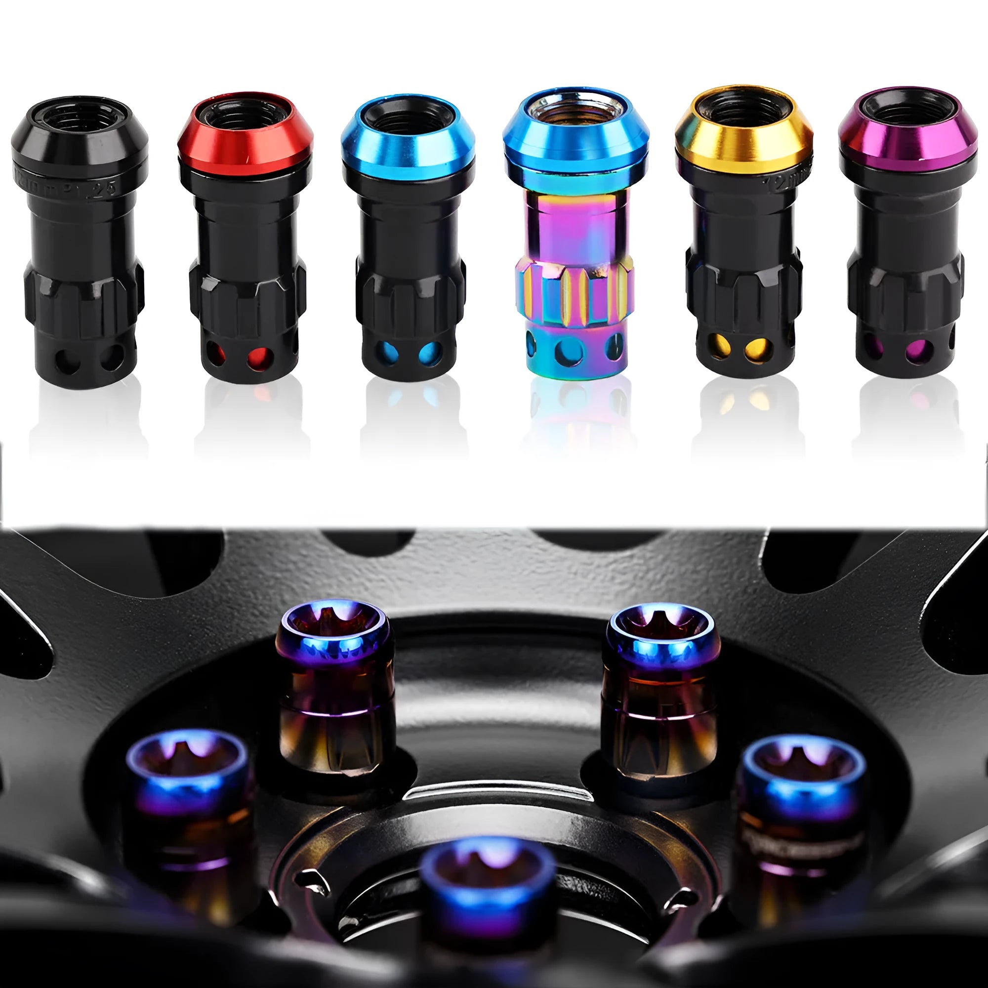 Aluminium alloy universal flat head wheel hub nuts in multiple colours including black, red, gold, blue and purple options