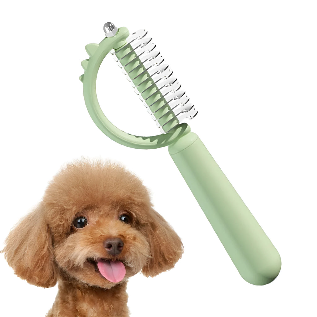 Blue dinosaur-shaped self-cleaning pet grooming brush with double-sided stainless steel pins on a white background.