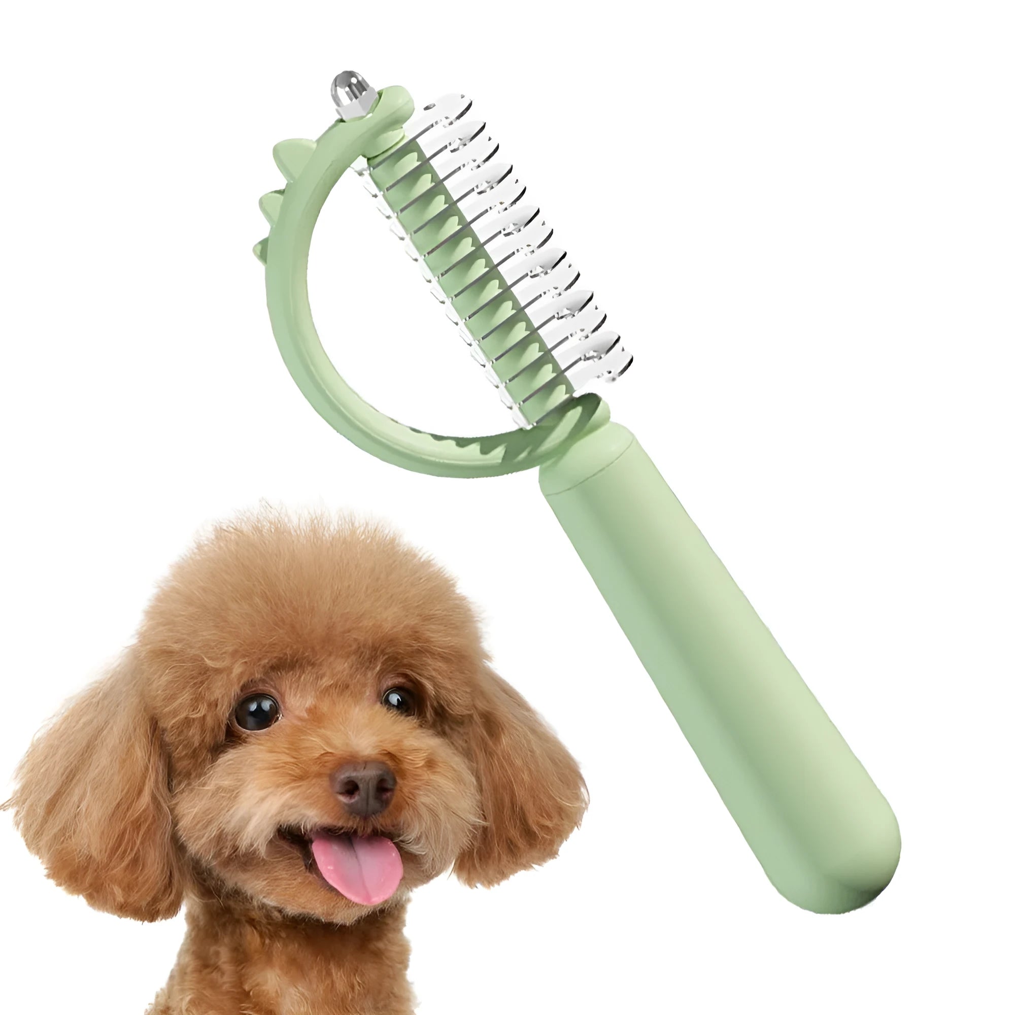 Blue dinosaur-shaped self-cleaning pet grooming brush with double-sided stainless steel pins on a white background.