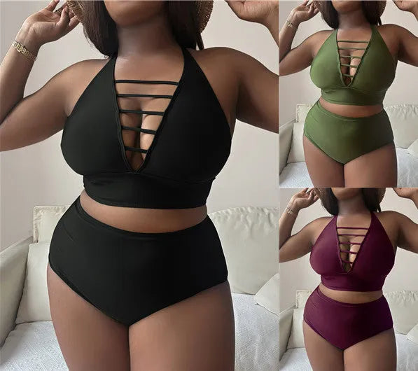 Plus size black halter bikini with adjustable cross straps and high waist briefs on mannequin