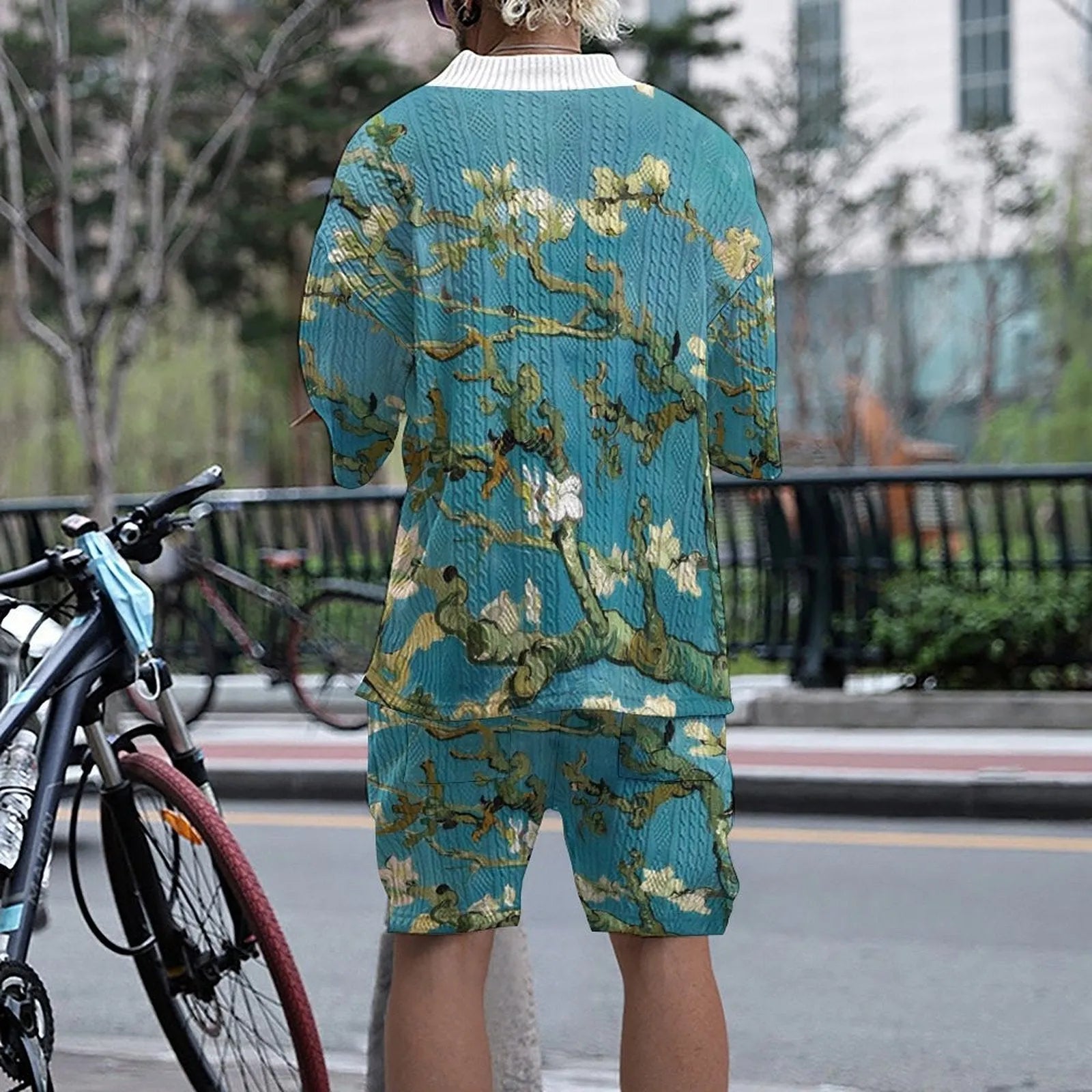 Men's peacock blue 3D printed knit casual suit set with matching top and trousers