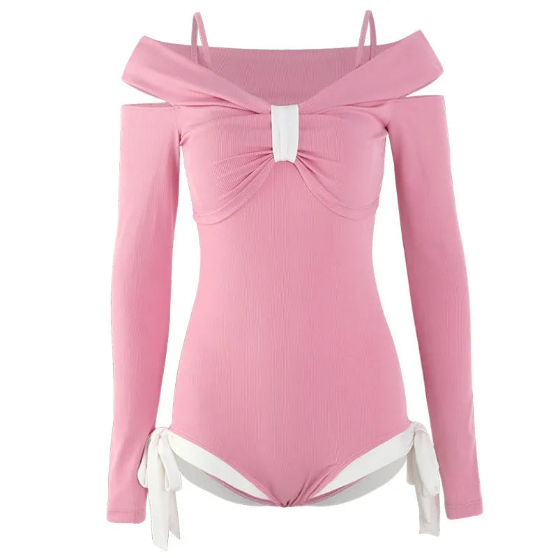 Women's long sleeve one-piece swimsuit in pink and black colours