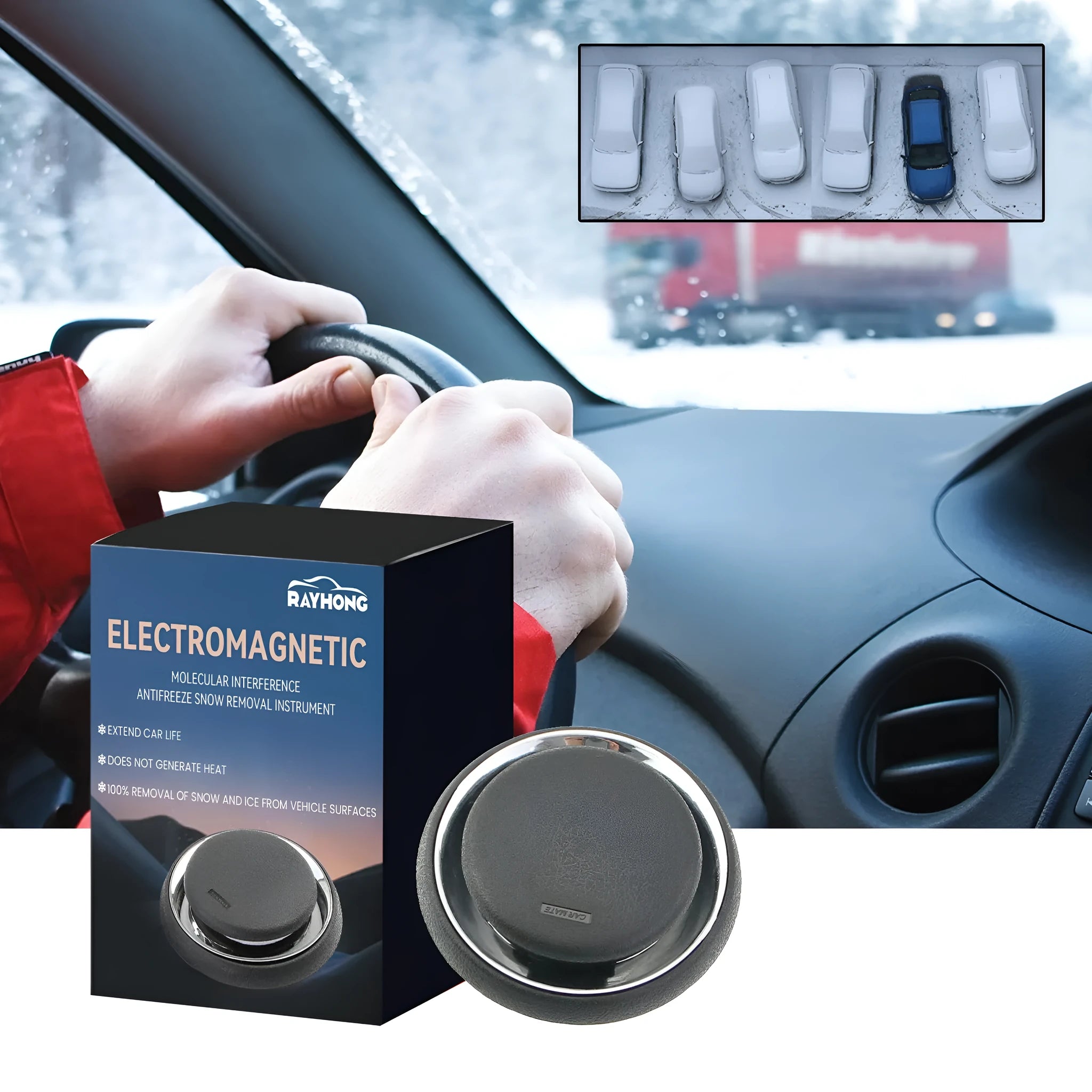 Compact black portable car deicing instrument for melting ice and snow on windscreens.