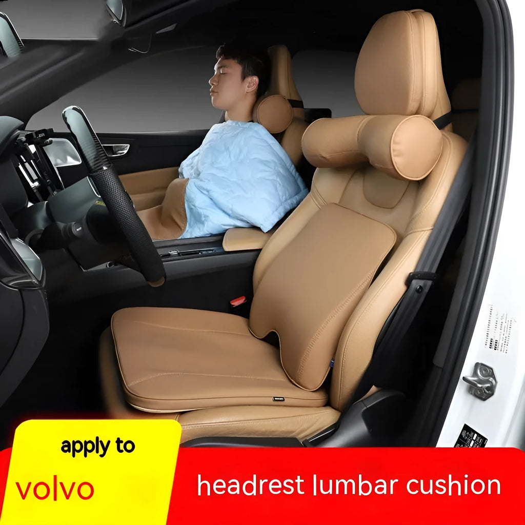 Minimalist brown car headrest neck pillow with integrated lumbar support cushion for Volvo vehicles