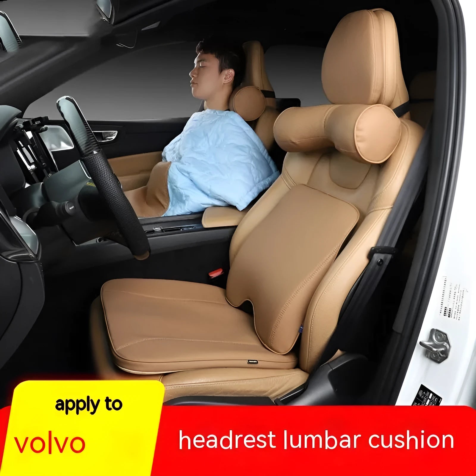 Minimalist brown car headrest neck pillow with integrated lumbar support cushion for Volvo vehicles