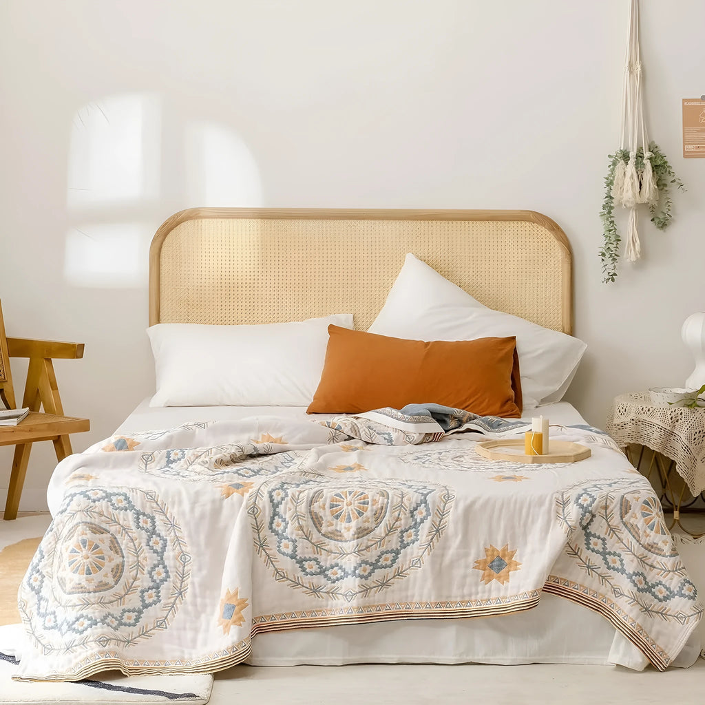 Cotton towel blanket with geometric pattern in modern style showing texture and size options