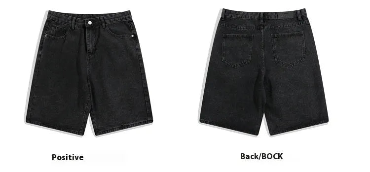 Men's light blue denim shorts showing five-pocket straight-leg design on a mid-waist