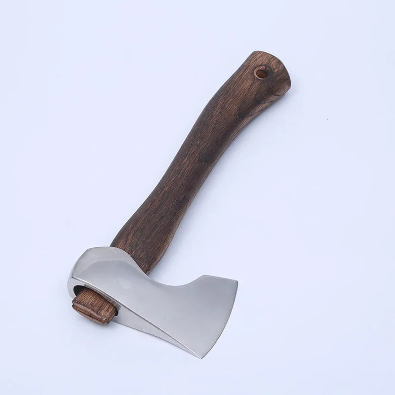 Camping axe with a high carbon steel head and wooden handle on a neutral background.