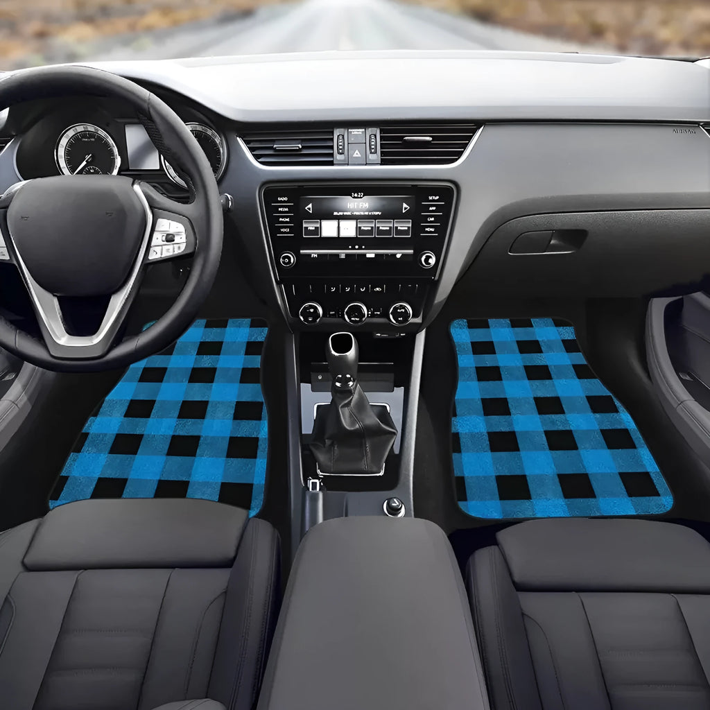 Black printed rubber car foot mat set, four pieces shown, 20mm thick waterproof lining.