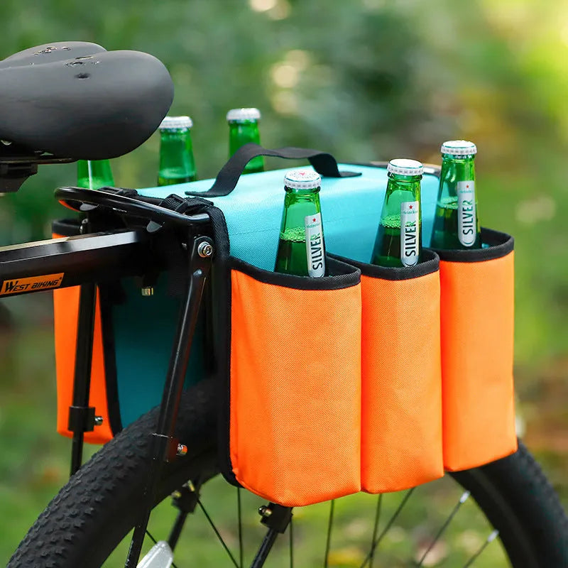 Black bicycle drink storage bag mounted on handlebars showing double-sided design and 2 litre capacity