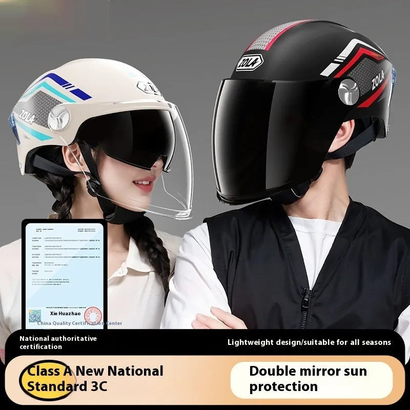 3C certified motorcycle half helmet with double mirror sun visor in light brown colour