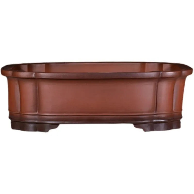 Large antique-finished Chinese purple clay flowerpot measuring 71cm long