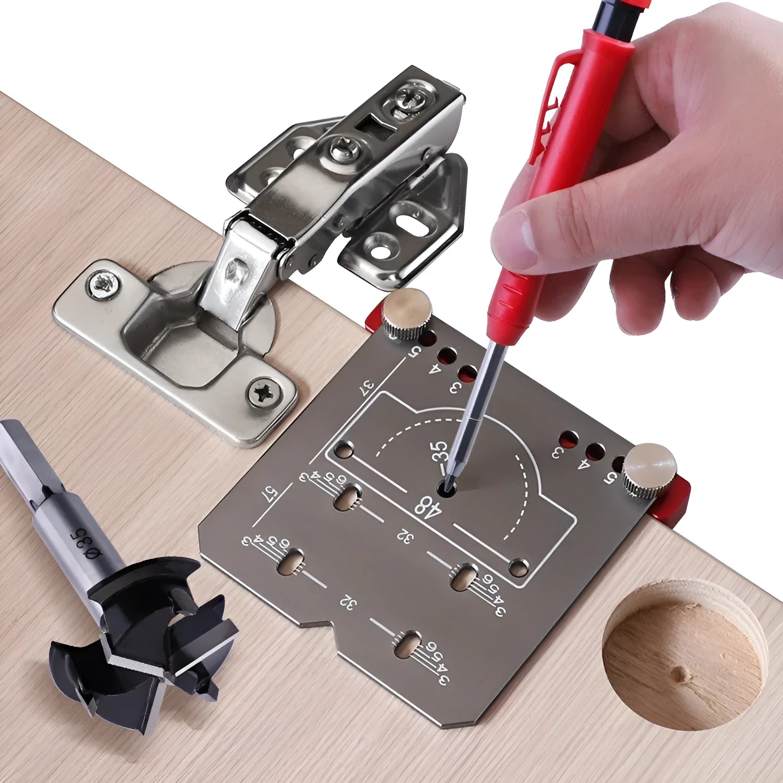 35mm hinge punch locator tool with adjustable margin ruler and hard alloy tapper blade for cabinet installation.