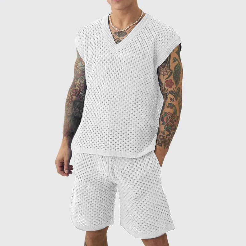 Men's blue cotton polyester vest shorts set for sports with v-neck sleeveless top