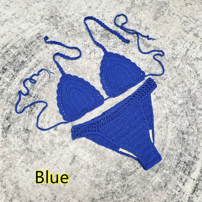 Women's 3-piece handmade crochet bikini set with nylon lining in solid colour options for beach and swimming.