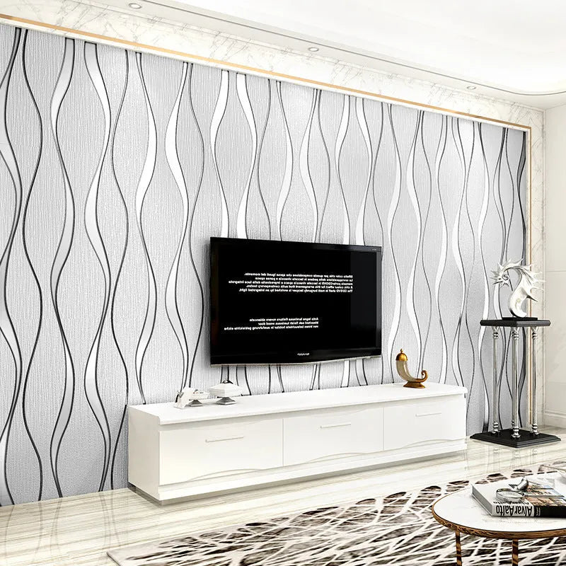 3D curve stripe pattern decorative wallpaper roll in light grey and dark brown deerskin velvet texture