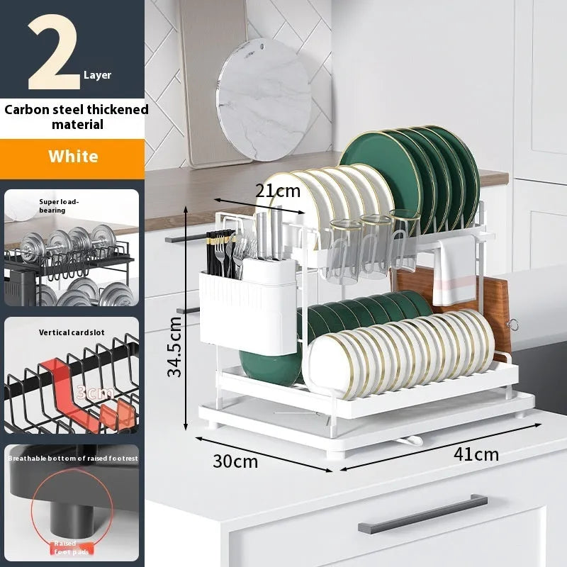 White double-layer kitchen draining rack with removable storage compartments above sink