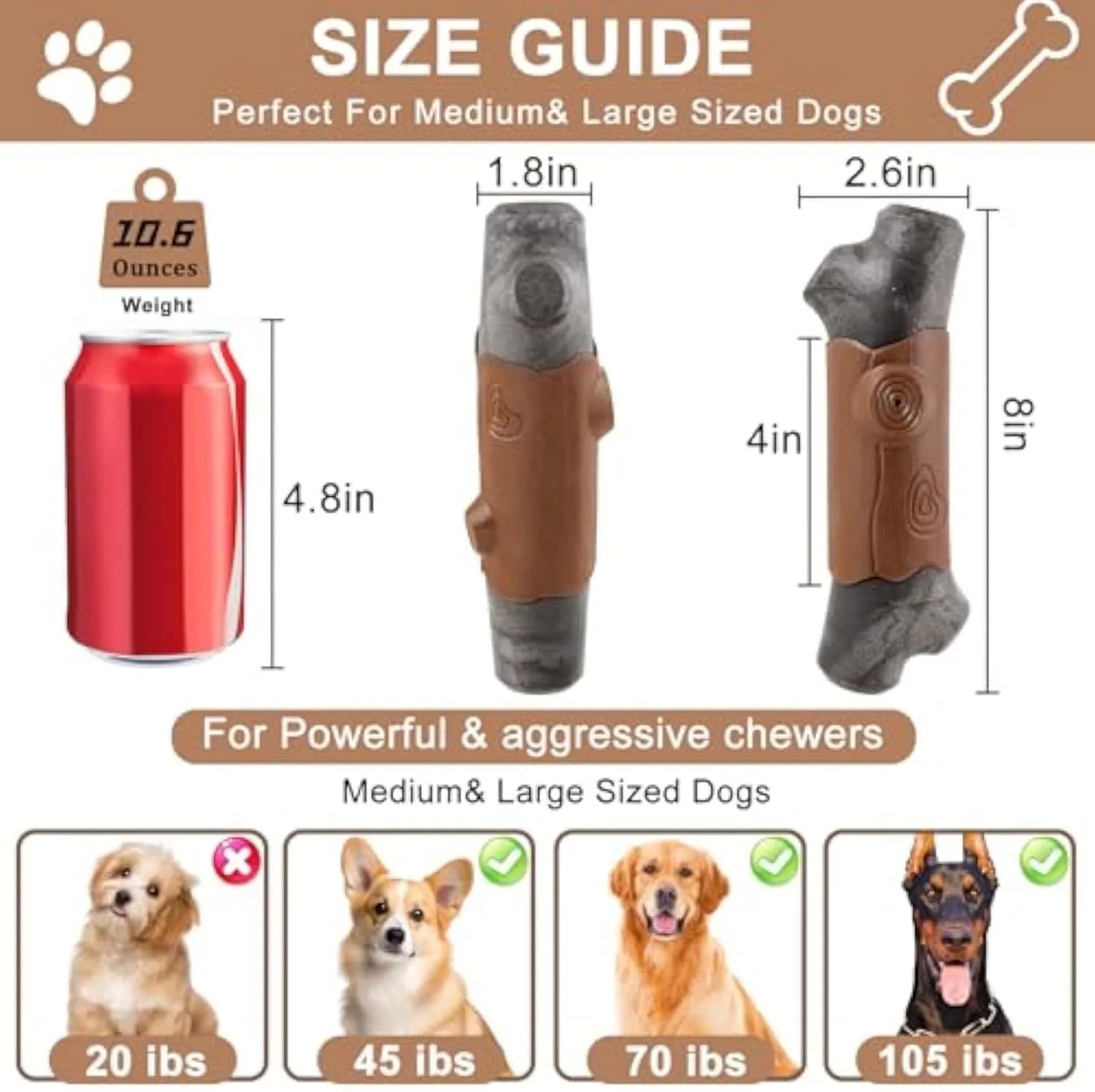 Branch-shaped nylon dog chew toy for large aggressive chewers with squeaker and bacon flavour.