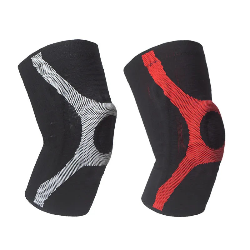 Red and grey silicone non-slip sports knee pads for running and climbing, shown in S, M, L, XL sizes.