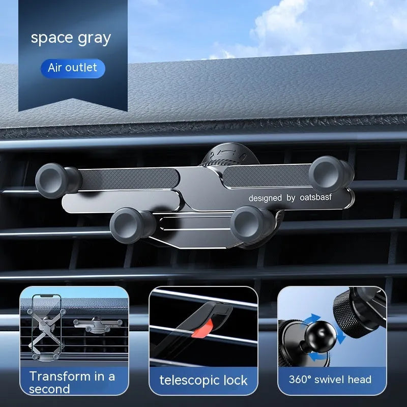 Aluminium alloy car phone holder mounted on vehicle air vent in black finish