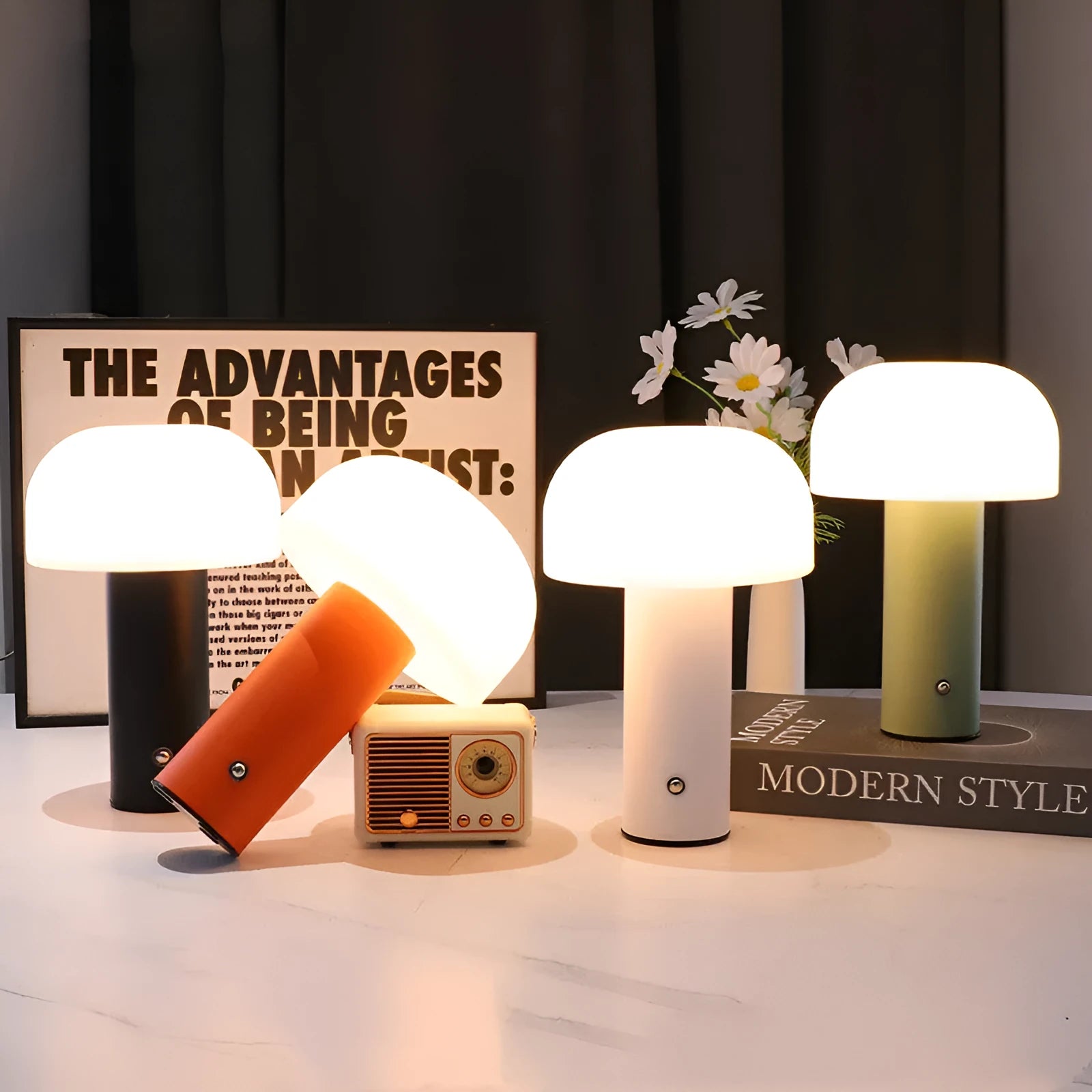 USB-powered dual-purpose table lamp with plug-in base in black, white, orange, or green colour options