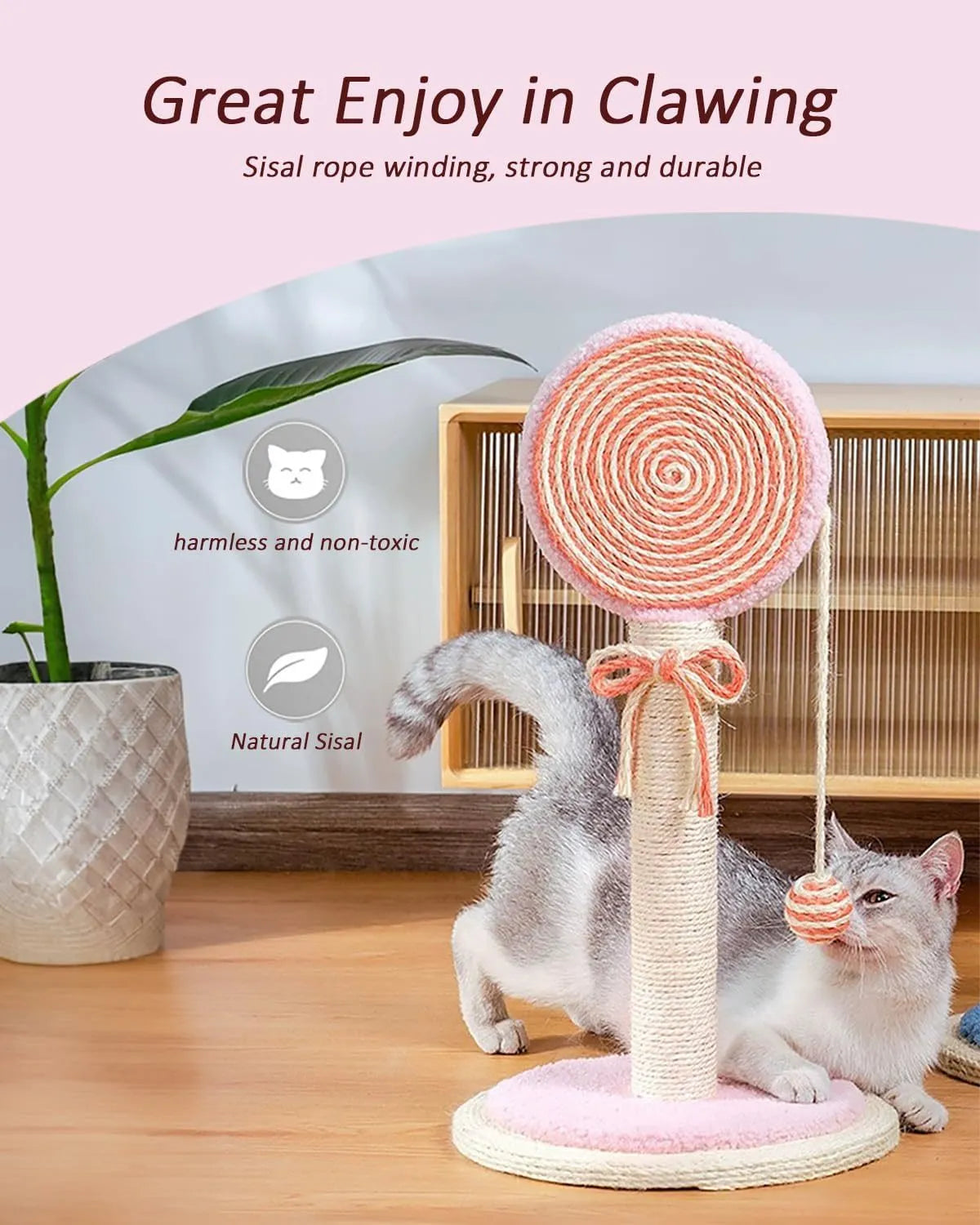 Blue cat scratching post made of natural sisal rope with a hanging ball toy on a sturdy wooden base.