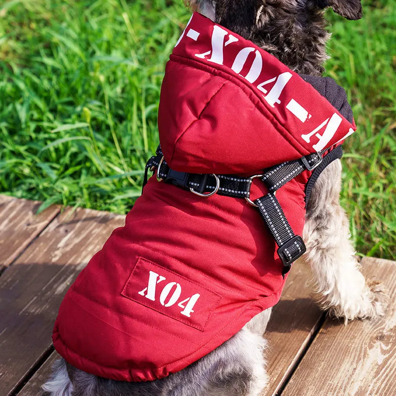 Red fleece-lined waterproof dog winter jacket with hood on a medium-sized dog