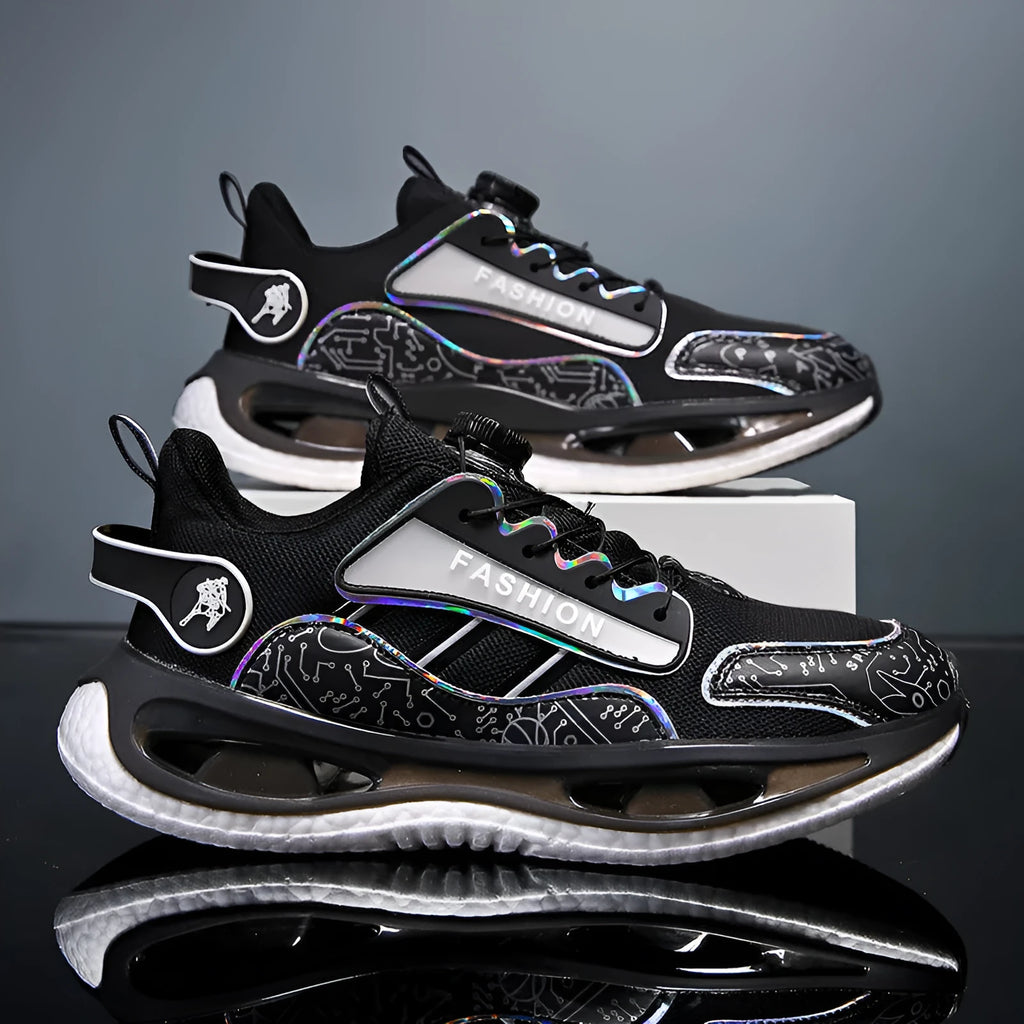 Men's low-top mesh sports shoes in black with an elastic band closure and a textured popcorn TPU sole.