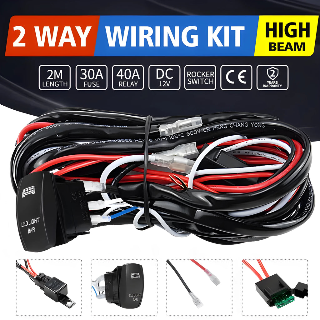 Black off road LED spotlight cable set with 2 metre wiring harness and light bar switch