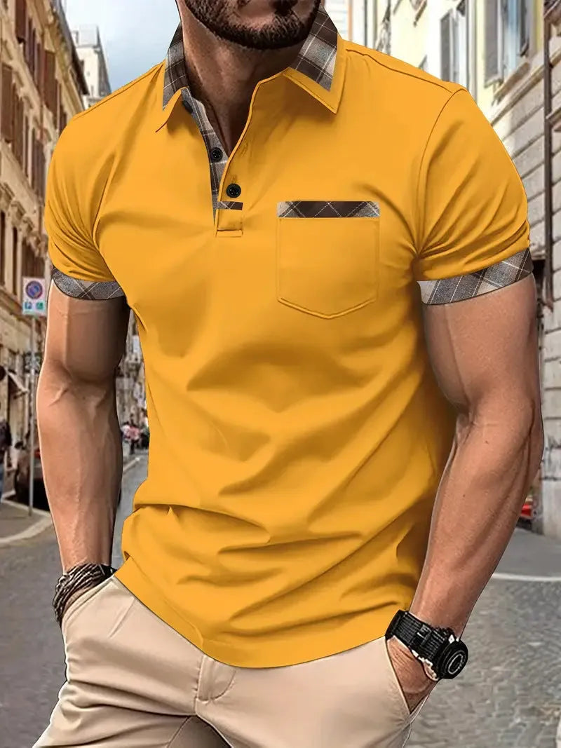 Men's loose fit plaid t-shirt with colourblock design and zipper decoration details