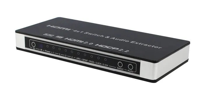 Black HDMI audio video switch with four inputs and one output, remote control, power adapter, and instruction manual