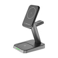 Black vertical three-in-one wireless charging station for mobile phones and watches
