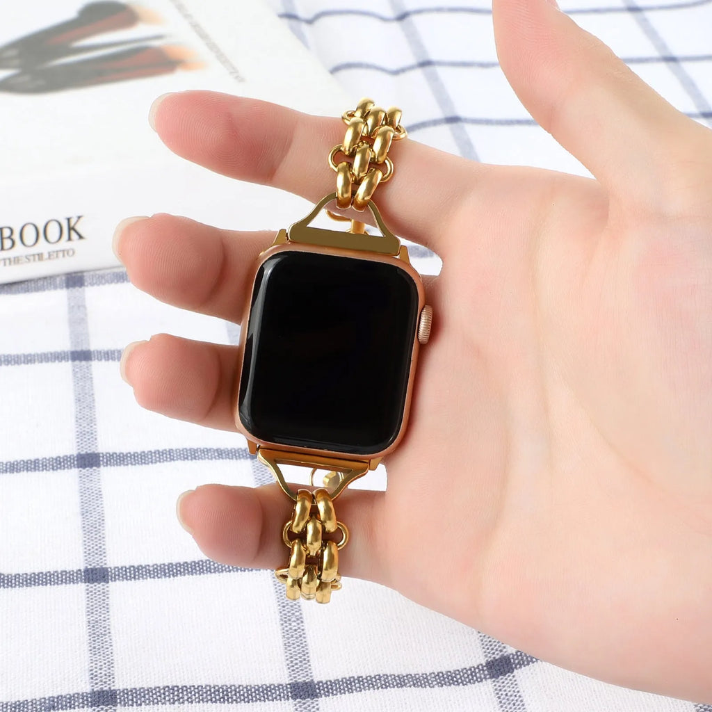 Stainless steel double row chain watch band for Apple Watch in black, silver, gold, rose gold, sport style
