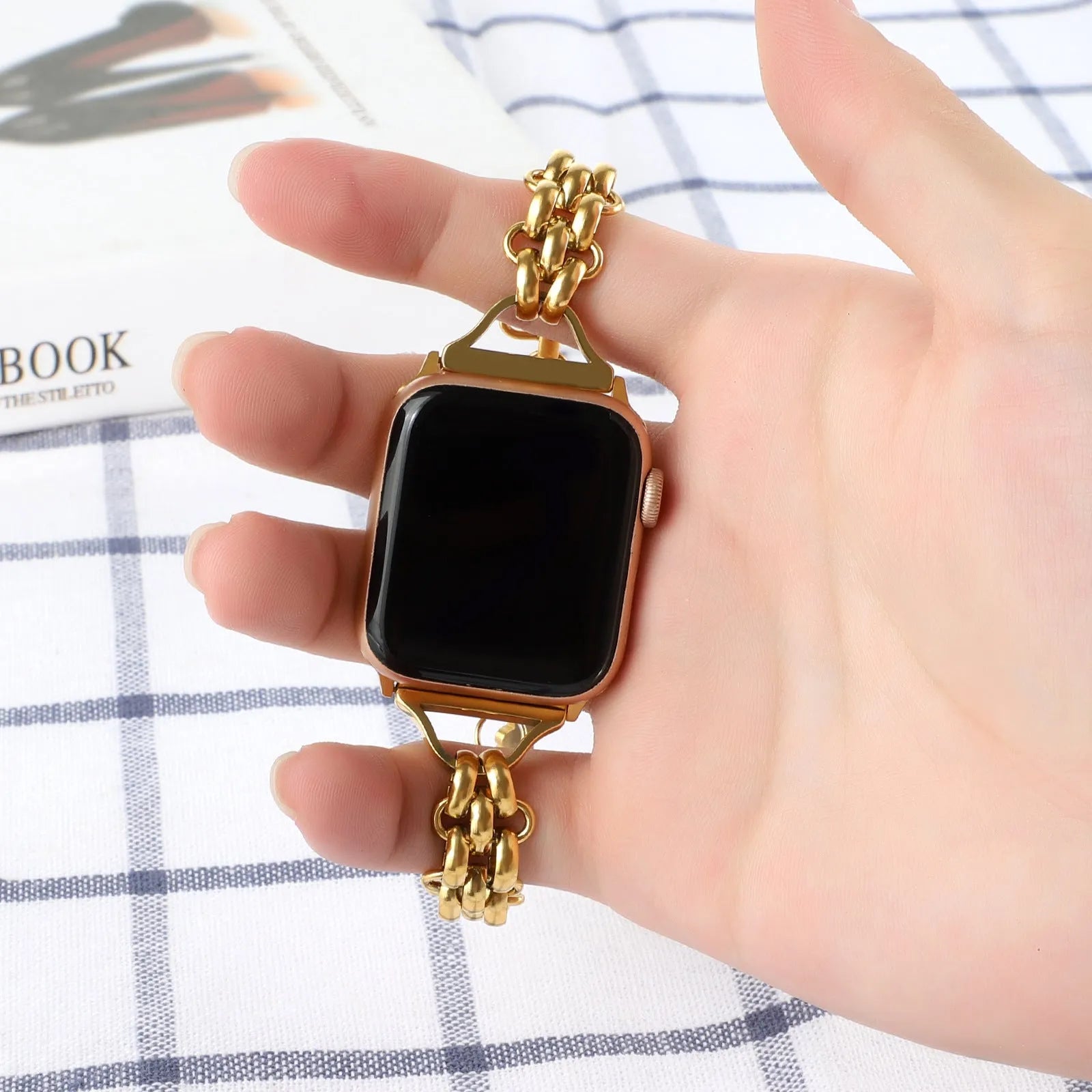 Stainless steel double row chain watch band for Apple Watch in black, silver, gold, rose gold, sport style