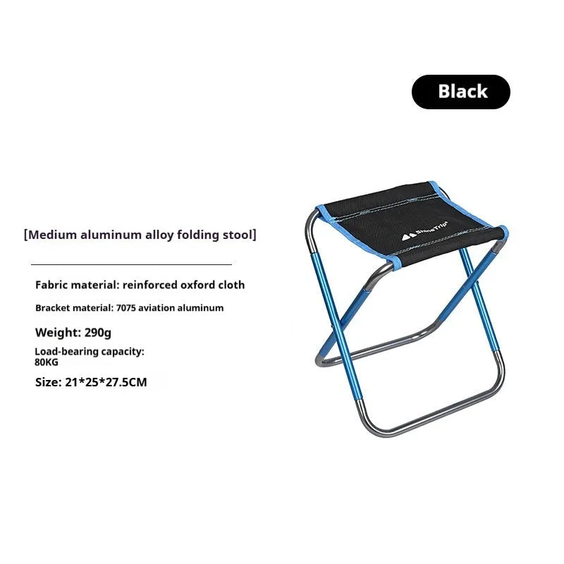Black folding stool with ethnic pattern, made from 7075 aluminium alloy, shown in folded and unfolded states.