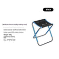 Black folding stool with ethnic pattern, made from 7075 aluminium alloy, shown in folded and unfolded states.