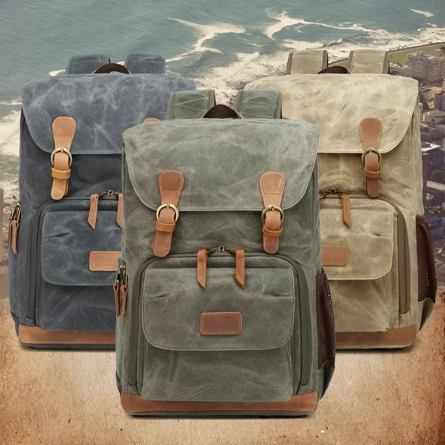 Canvas DSLR camera backpack in khaki colour with backpack straps and protective features