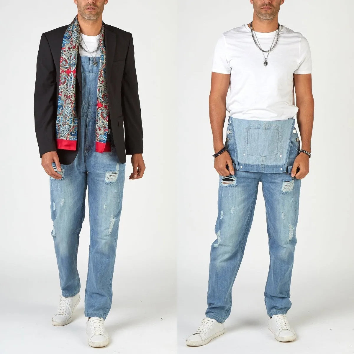 Light blue men's suspender jeans with ripped detailing and high waist straight leg cut