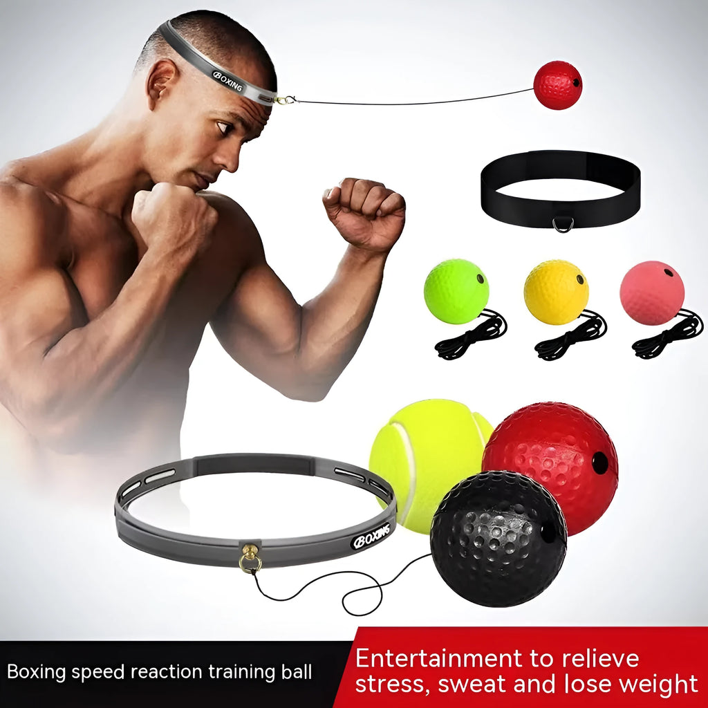 Head-mounted boxing reaction ball trainer with adjustable headband and multiple coloured balls