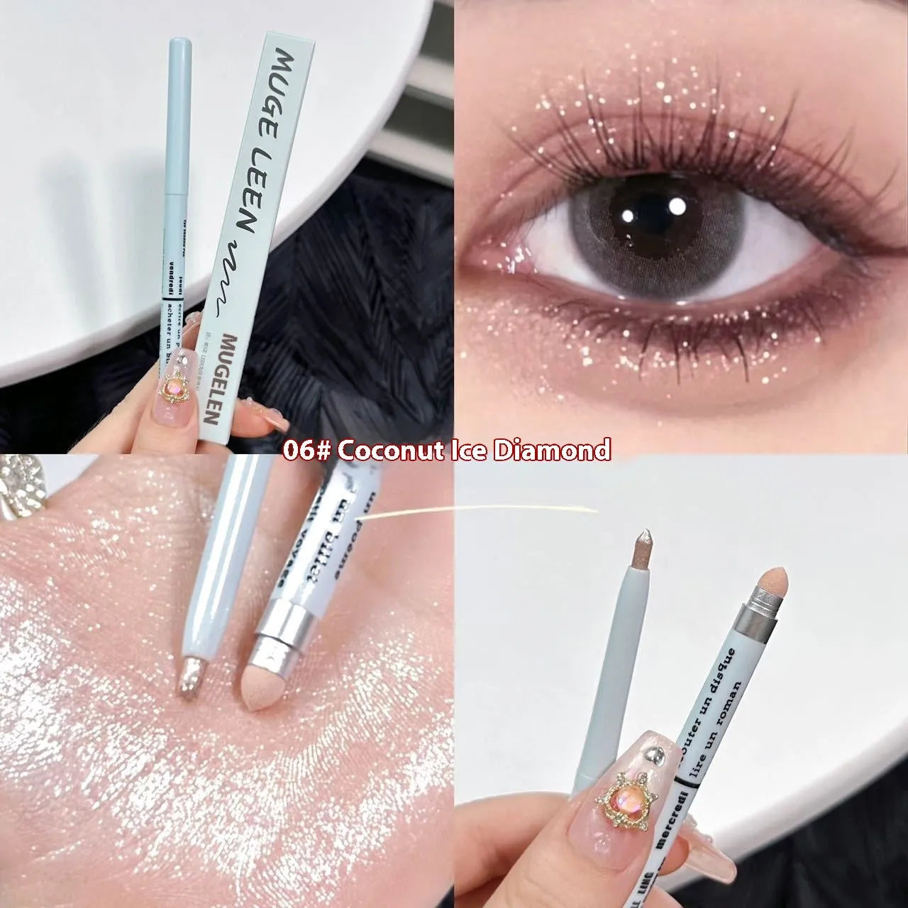 Waterproof 2-in-1 eyeshadow pen with six colour options showing camellia milk apricot and ice diamond debris shades