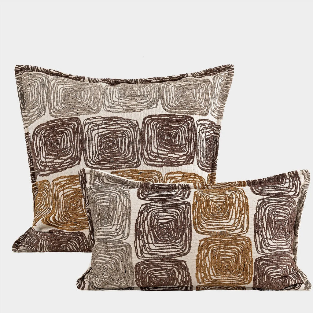 Cream and coffee coloured abstract coil pattern cushion cover in square and rectangular sizes